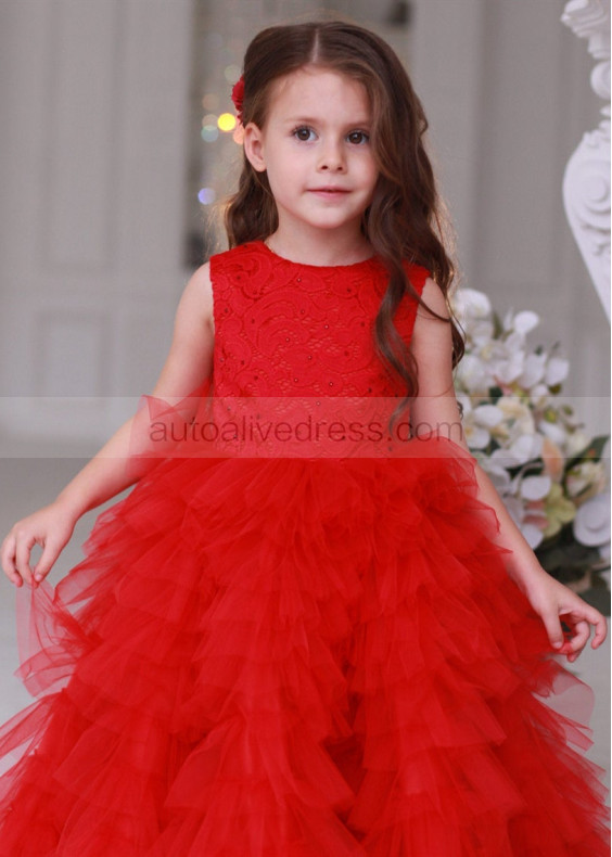 Beaded Red Lace Tulle Ruffle Flower Girl Dress Birthday Dress